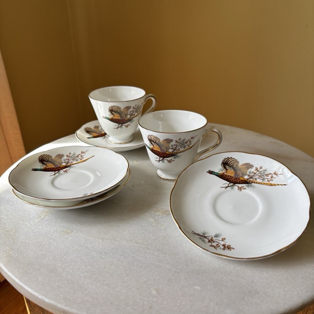 Royal Tara Pheasant Teacups & Saucers 6pc Set Hunting Game White Porcelain Irish